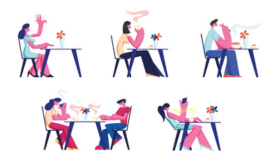Fototapeta na wymiar People Relaxing in Restaurant or Cafe Set. Characters Sitting at Tables Drinking Coffee, Eating Meal Use Gadgets. Customer Characters Spend Time in Recreational Place. Cartoon Flat Vector Illustration