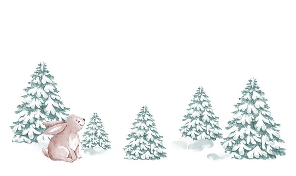 hare and green tree in the snow, watercolor illustration on white background