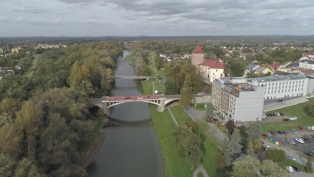 Aerial view of river Sola in Oswiecim town, Poland. 4K