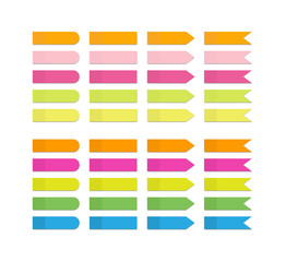 Set of vector paper stickers with shadow on white background. Blank realistic bookmark of blue, yellow, green, orange and pink color.