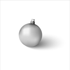 Realistic silver christmas ball with flare and shadow. Beautiful silver ball with mate texture. 3D vector mock up isolated on white background.