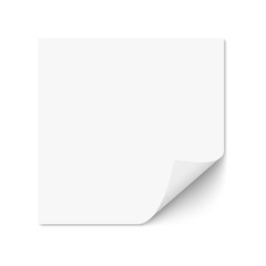 White paper sticker with curled corner isolated, vector blank template. Realistic paper sheet with shadow on white background for notes, messages or reminders.
