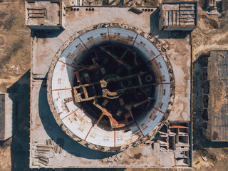 Aerial top down view of abandoned and ruined Nuclear Power Plant in Shelkino, Crimea. Large USSR...