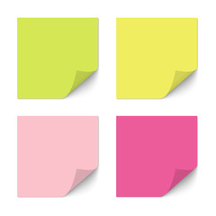 Blank color paper sticker with curled corner isolated, vector blank template. Realistic pink, yellow and green paper sheets with shadow on white background for notes, messages or reminders.