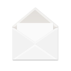 Realistic white paper envelope with shadow on white background. Blank vector mock up of opened envelope with empty postcard for message.