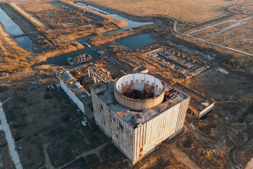 Aerial view of abandoned and ruined Nuclear Power Plant in Crimea, drone shot