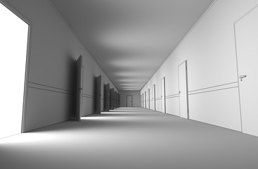long corridor with doors, interior visualization, 3D illustration