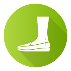 Loafers green flat design long shadow glyph icon. Women and men mocassin. Stylish formal footwear design. Unisex casual flats, modern shoes. Male and female fashion. Vector silhouette illustration