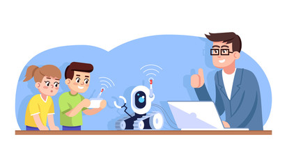 Robotics club for children flat vector illustration. Computer science. Designing and programming for kids. Boy and girl learning to drive robot on remote control, teacher approving cartoon characters