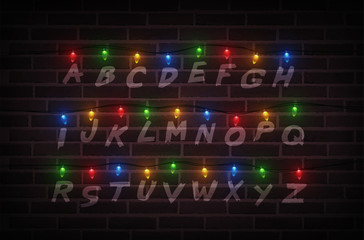 Christmas lights on wall. Light font. Garlands. Vector Illustration