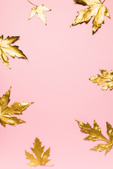 Fall and autumn flat lay with painted matallic golden leaves creative on pink background