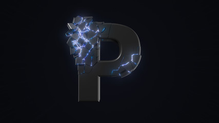 strangely cracked P letter. technological and mystical look with glowing inside details. 3d illustration
