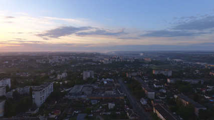 Aerial view of sunset in Zhytomyr city, Ukraine. Great sunrise.