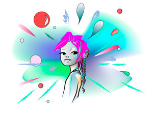 Abstract watercolor portrait of a little space girl, vector fashion print