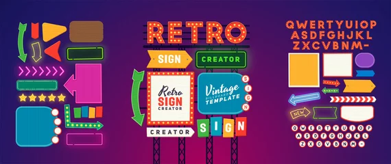 Foto op Plexiglas Retro compositie Retro signboard creator. Set elements for street sign. Scene creator, neon sign. Retro font. Advertising space. 