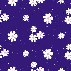 White daisy on blue background seamless pattern texture.