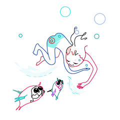 Abstract funny illustration of a little girl in the sea with fish, color vector print - 295704574