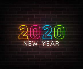 Fototapeta na wymiar 2020 New Year neon background colorful. Merry Christmas neon sign. Logo, emblem, banner and label, bright signboard, light banner