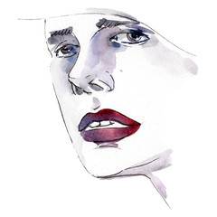 Woman face sketch glamour illustration in a watercolor style isolated element. Watercolour background set.
