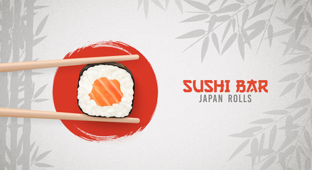 Sushi bar ads. Sushi and rolls poster, horisontal flyer. Realistic vector illustration