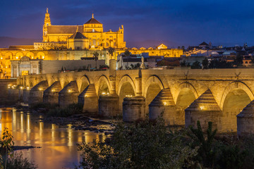 Fototapeta na wymiar Evening view of the Mosque-Cathedral and Roman Bridge in Cordoba, Spain