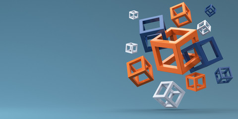 Many flying cubes of different sizes on a blue background. 3d render.