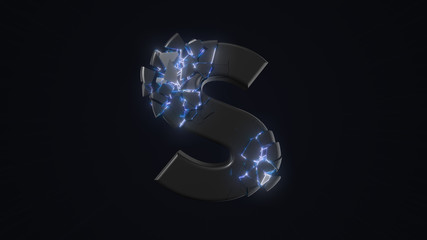 strangely cracked S letter. technological and mystical look with glowing inside details. 3d illustration