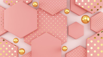 Pink hexagons on a pink background with gold ornaments. 3d render illustration.