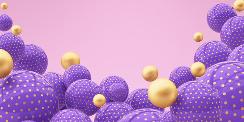 Many flying purple and golden spheres. On a purple background. 3d render illustration.