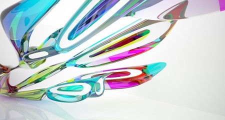 Abstract architectural white and glass gradient color smooth interior of a minimalist house with large windows.. 3D illustration and rendering.