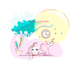 Abstract vector illustration of a bored little girl and kitten, colorful print, white background - 295705945