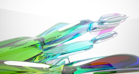 Abstract architectural white and glass gradient color smooth interior of a minimalist house with large windows.. 3D illustration and rendering.