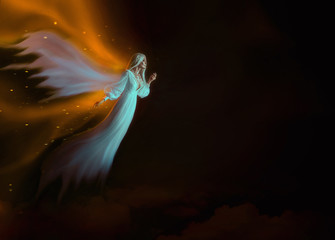  deceased Soul flies in heaven to meet with relatives. A blond woman in a white waving dress with...