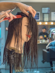 Naklejka premium Training hairdresser with mannequins. 