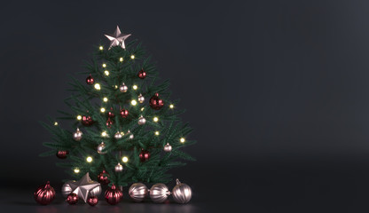 Green Christmas tree, pine for cozy home. New Year mockup.Promotion sale goods Stage. 2020 year dark studio template. Festive Card - decorations, toys. Empty space - 3d render christmas illustration