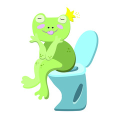 Flat illustration with character. Cute green frog is sitting on the toilet on white background