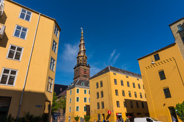 Church of Our Saviour in Copenhagen, 	Denmark. The black and golden spire reaches a height of 90...
