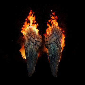 Burning angel wings, dark atmospheric mood, fantasy background