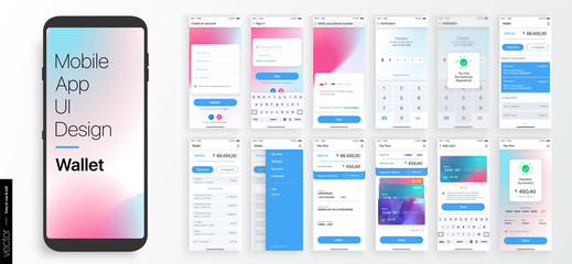 Design of a Mobile Application and Site, UI. Set of GUI Screens with Login and Password input, showing the Card, balance and payments interface. Vector Mockup