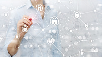 Cyber security, information privacy, data protection concept on modern server room background....