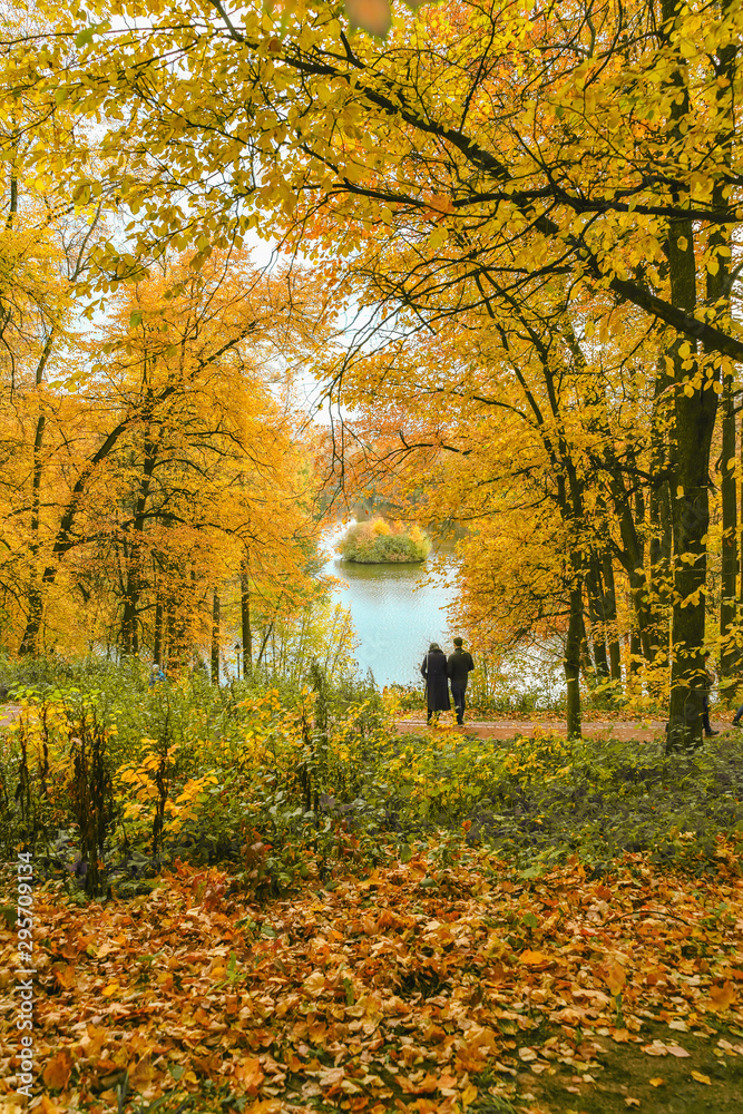 Wall mural silhouettes of two unrecognizable people, walk in the autumn park. seasons, nostalgic mood, love and