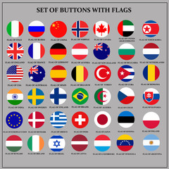 Bright set of banners with flags. Colorful illustration with flags of the world for web design. Illustration with grey background.