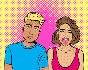 Poster for Valentine's day. Pop art woman with  a man. Background in comic style retro pop art. Invitation to a party. Face close-up.