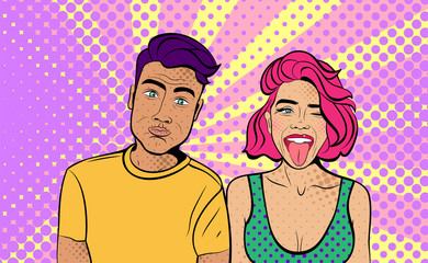 Obraz premium Poster for Valentine's day. Pop art woman with a man. Background in comic style retro pop art. Invitation to a party. Face close-up.