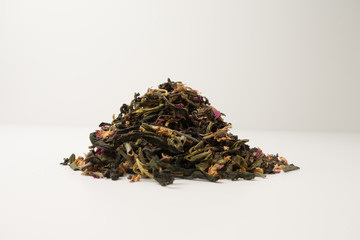 Varieties of tea. Herbal, black, green, puer, earthen tea. All this on a white background.