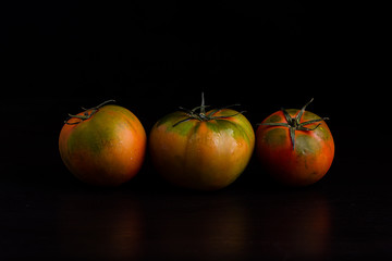 fresh tomatoes on a black background with water drops