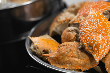 Crab is cooked on the Asian night market. Sea food.