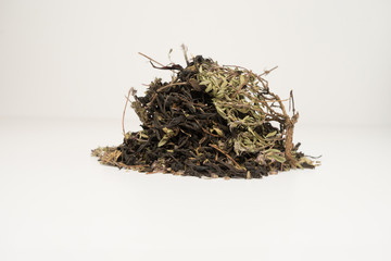 Varieties of tea. Herbal, black, green, puer, earthen tea. All this on a white background.