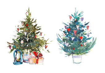 Decorated christmas tree New year Watercolor illustration Water color drawing