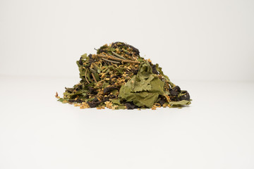 Varieties of tea. Herbal, black, green, puer, earthen tea. All this on a white background.
